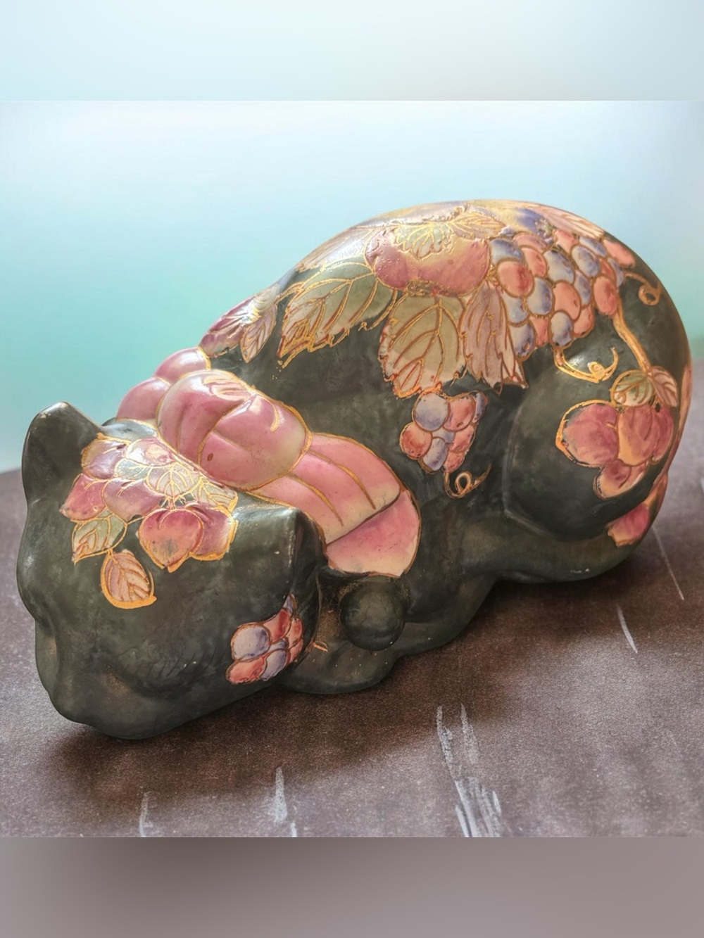 Vintage Andrea By Sadek Pink Floral Sleeping Cat on Dark Green Base